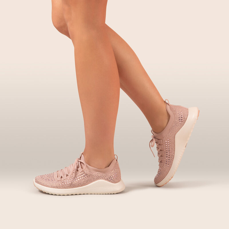 pink sparkle stretchy knit sneaker on foot
